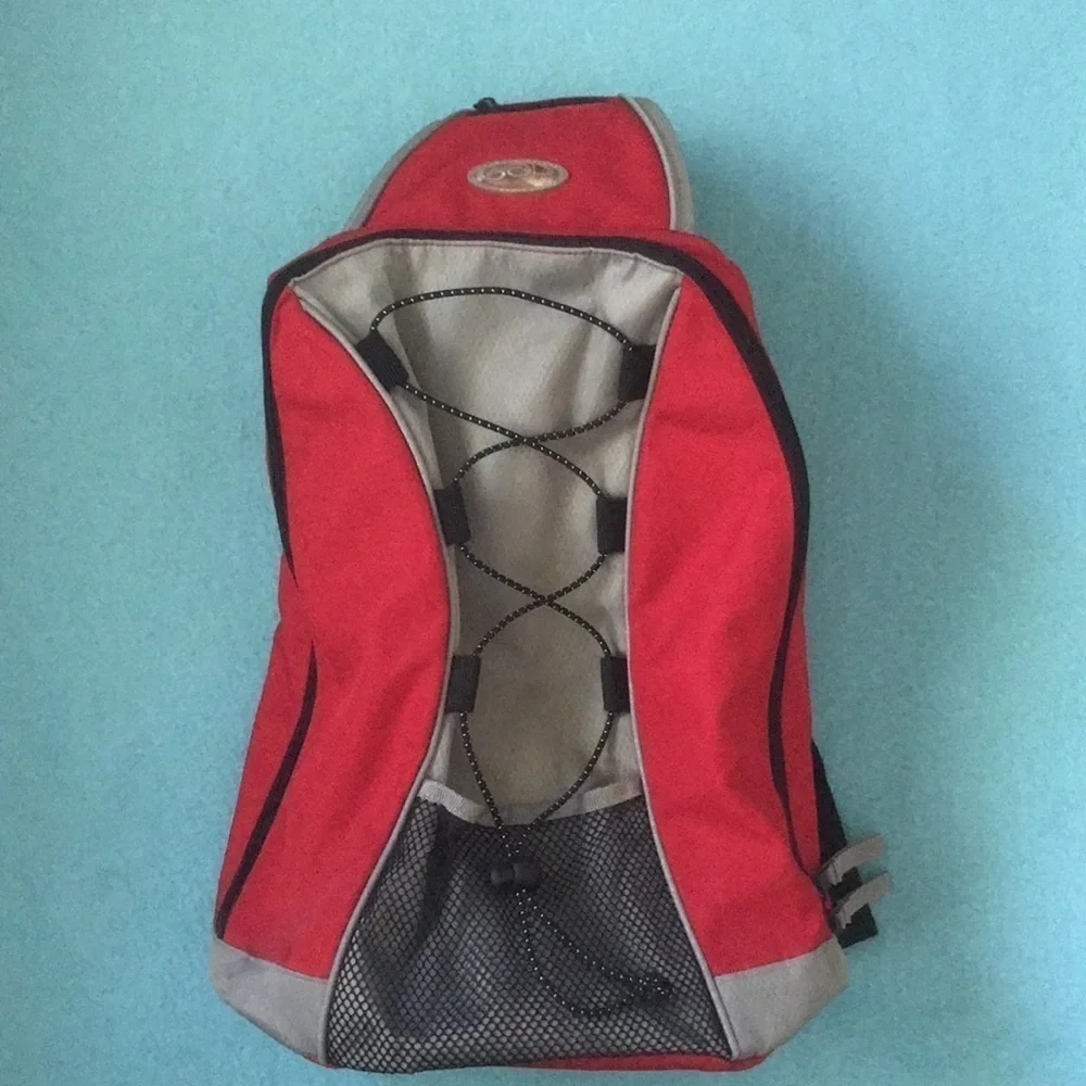 𝅺GAP sling bag red gray one main pocket, one mesh pocket with bungee cord area